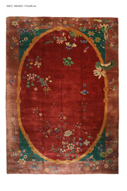 Antique Chinese Art Deco Nichols rug, 163x116 inches, green and red hues with intricate floral motifs